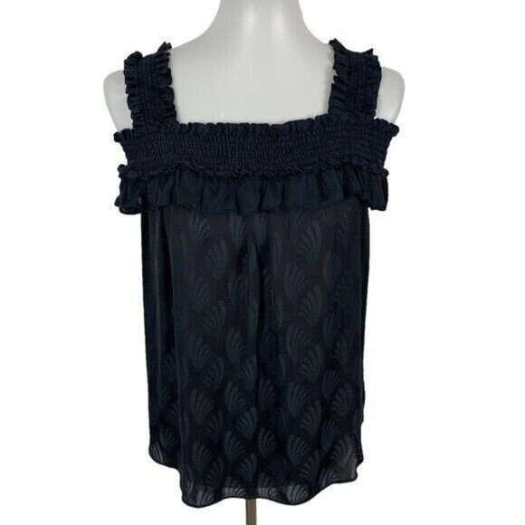 Anthropologie Black Smocked Ruffle Strap Sleeveless Textured Boho Tank Top S - Picture 2 of 7